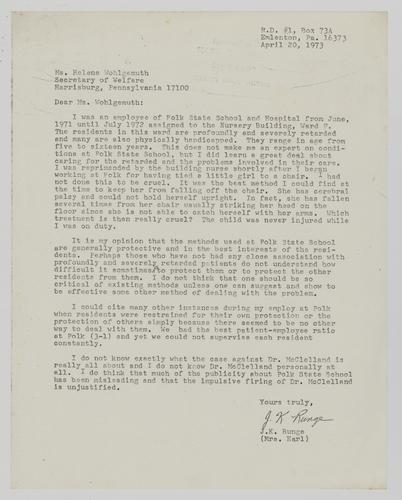 Letter from J. K. Runge to Helene Wohlgemuth