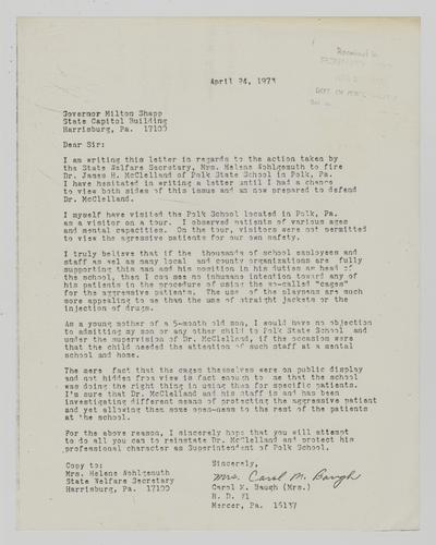 Letter from Carol Baugh to Helene Wohlgemuth
