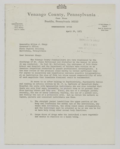 Letter from the Venango County Commissioners to Milton Shapp