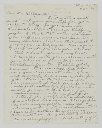 Letter from a Westmoreland County Resident to Helene Wohlgemuth
