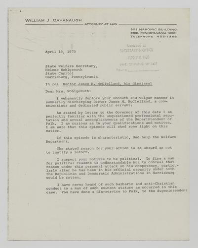 Letter from William Cavanaugh to Helene Wohlgemuth