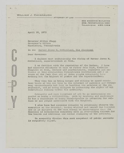 Letter from William Cavanaugh to Milton Shapp