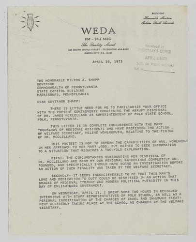 Letter from James Perry to Milton Shapp