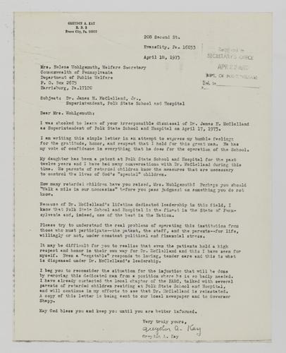 Letter from Greydon Kay to Helene Wohlgemuth