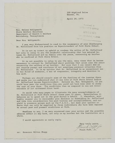 Letter from Frank Poff Jr. Helene Wohlgemuth