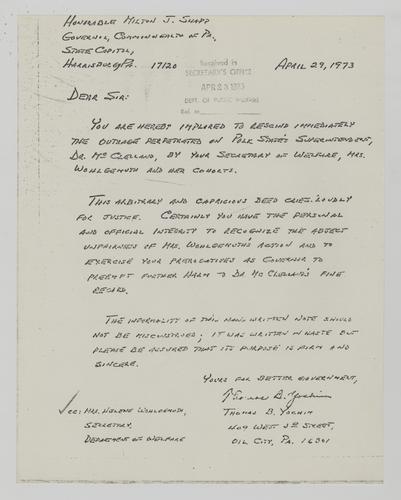 Letter from Thomas Yochim to Milton Shapp