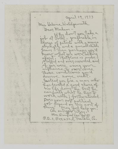 Letter from Winifred Van Gorp to Helene Wohlgemuth