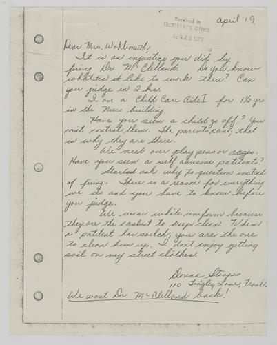 Letter from Donna Straps to Helene Wohlgemuth