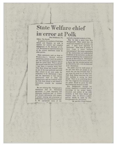 "State Welfare Chief in Error at Polk" Article