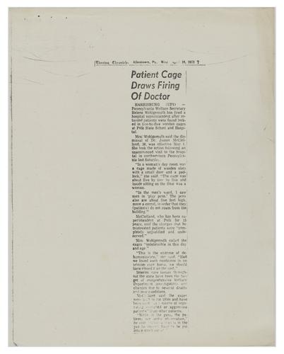 "Patient Cage Draws Firing of Doctor" Article