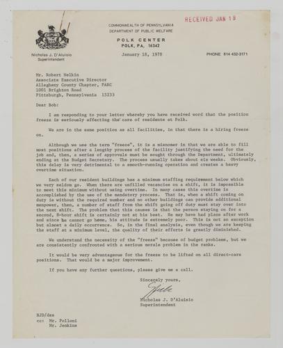 Letter from Nicholas D'Aluisio to Bob Nelkin