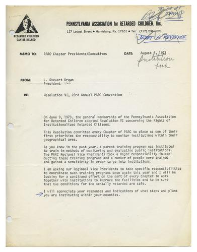L. Steuart Brown Memo to PARC Chapter Presidents and Executives