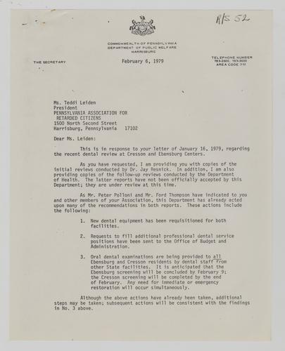 Letter from Helen O'Bannon to Teddi Leiden