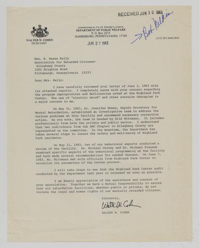 Letter from Walter Cohen to N. Karen Kelly
