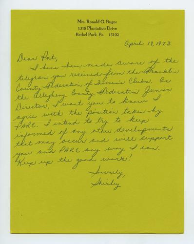 Letter from Shirley Bugos