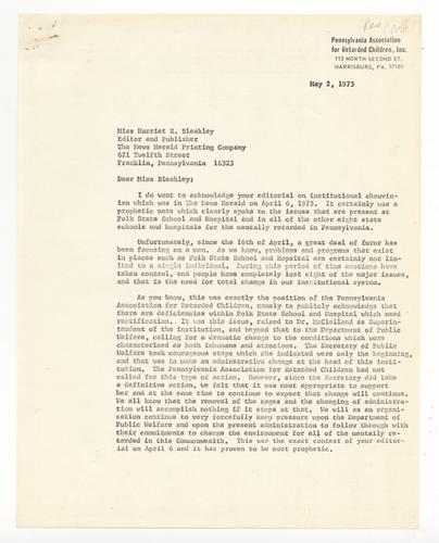 Letter to Harriet Bleakley and Editorial