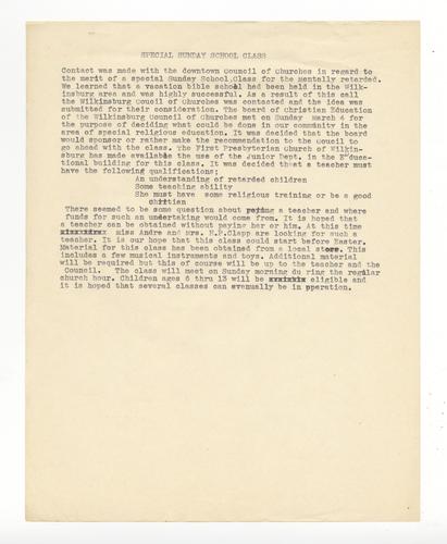 Special Sunday School Class Information