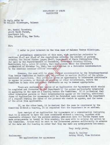 Letter from Eliot Coulter to Mendel Rosenberg