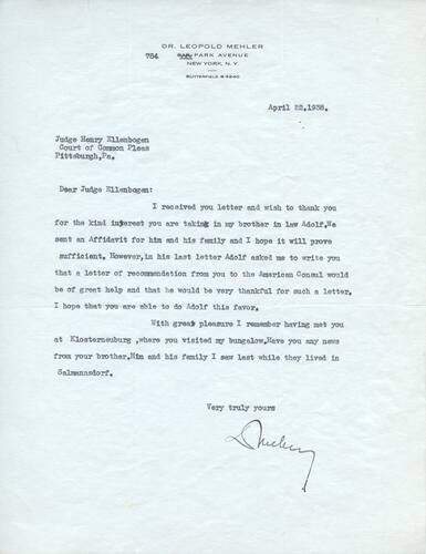 Letter from Leopold Mehler to Henry Ellenbogen (1)
