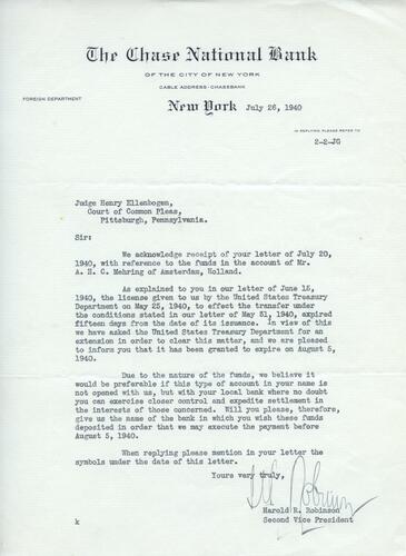 Letter from Harold Robinson to Henry Ellenbogen