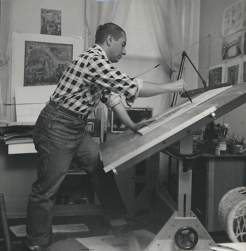 Artist Henry Koerner in workshop