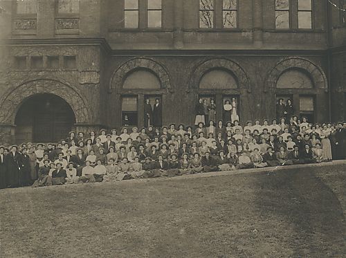 Preparatory School students [?] in front of Dilworth Hall