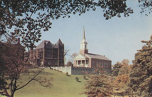 Postcard of campus with Chapel and Dilworth Hall