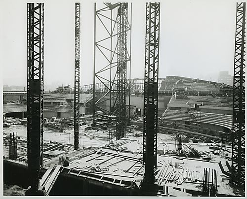Steel girders on Civic Arena construction site