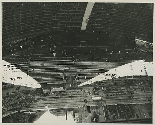 Overhead view of construction of Civic Arena's seating