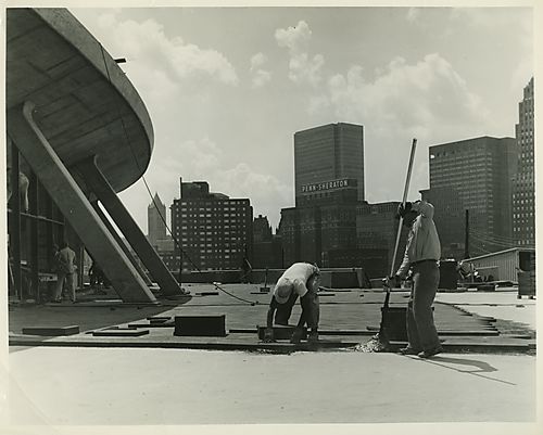 Workers outside the Civic Arena 