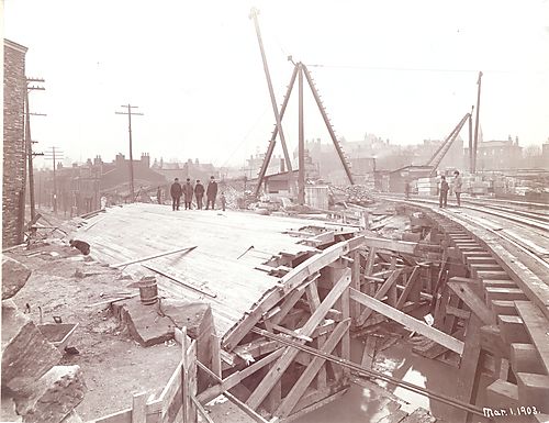 Men on bridge, overhead view